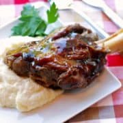 A lamb shank is served on a bed of mashed cauliflower.