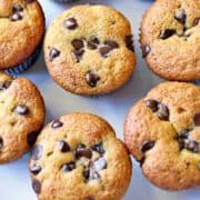 Almond flour chocolate chip muffins are served on a white plate.