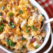 Keto chicken casserole is served in a white baking dish.