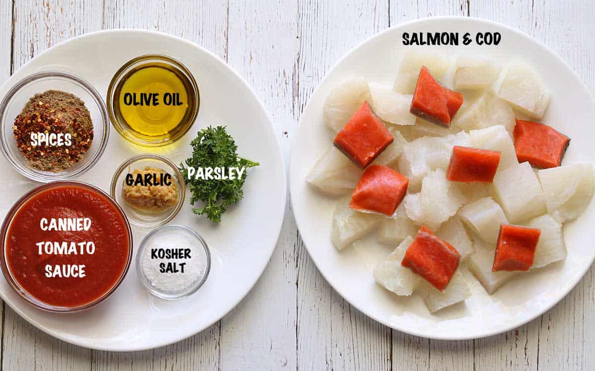 The ingredients needed to make a fish stew. 