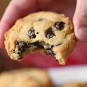 A hand is holding a keto chocolate chip cookie.