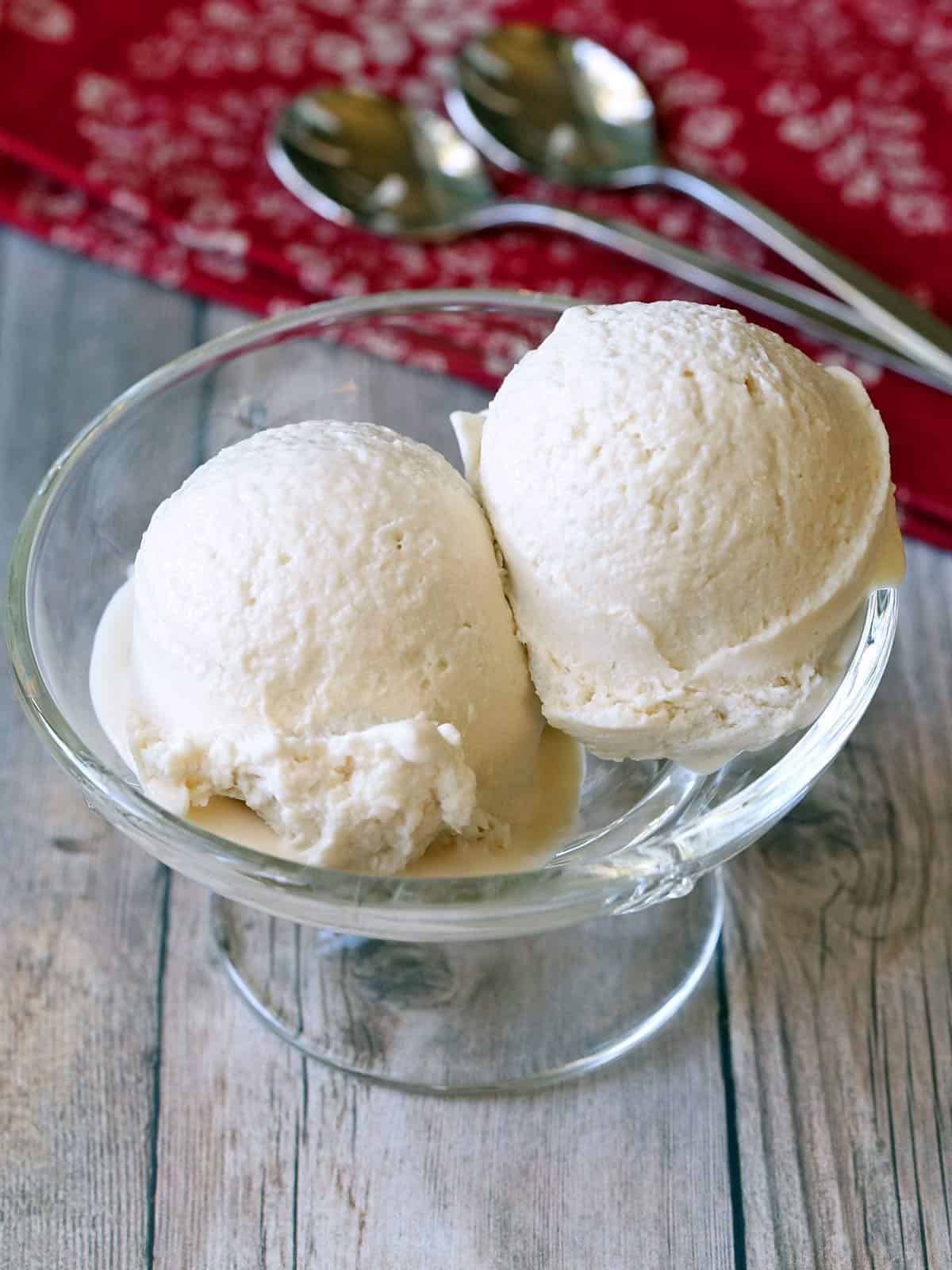 Homemade frozen yogurt is served in a glass dessert cup. 