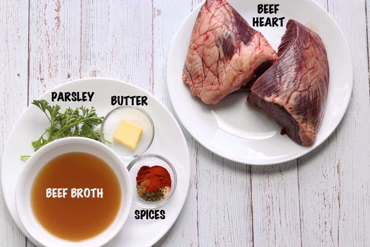 The ingredients needed to cook beef heart. 