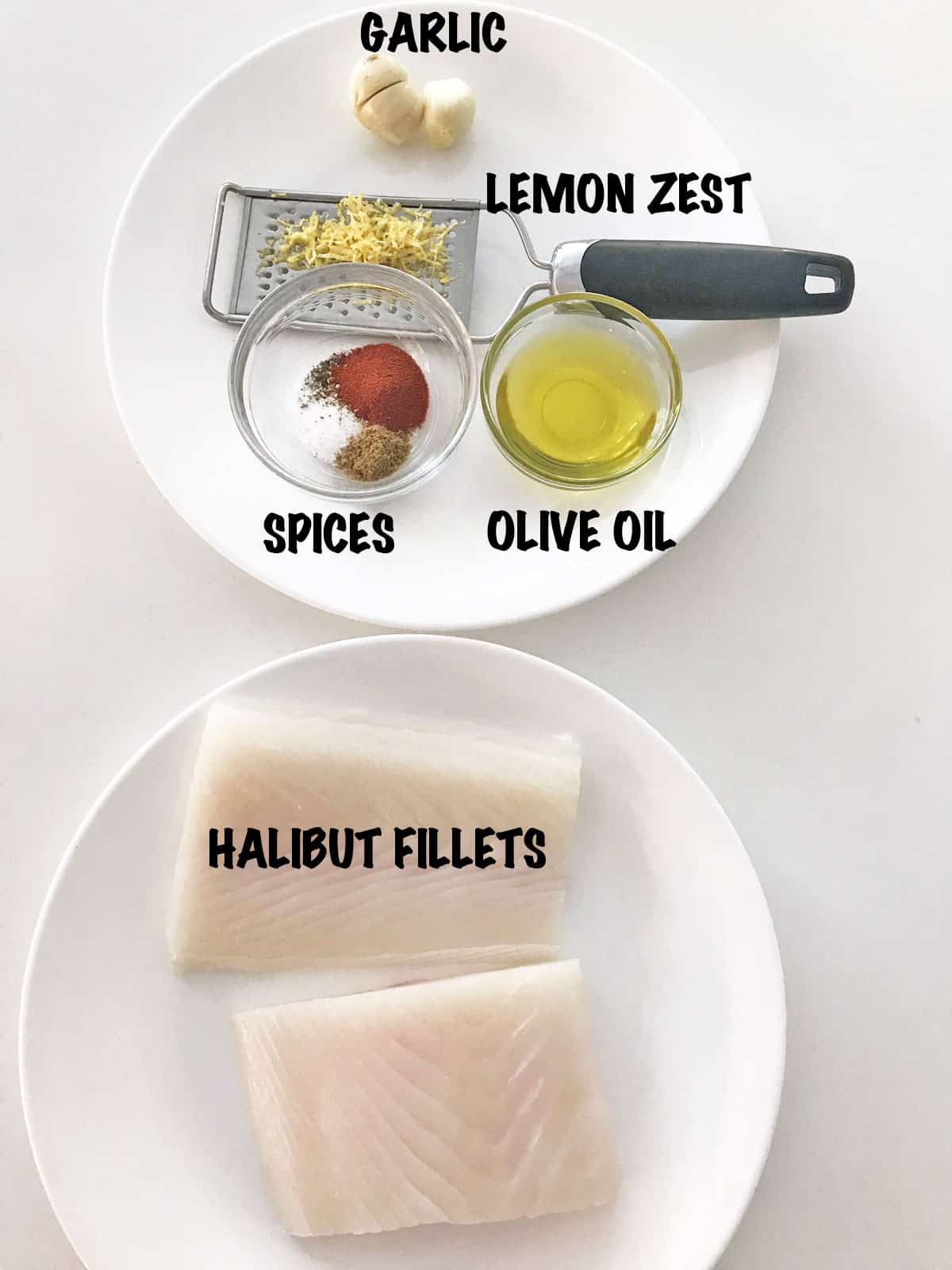The ingredients needed to make grilled halibut. 