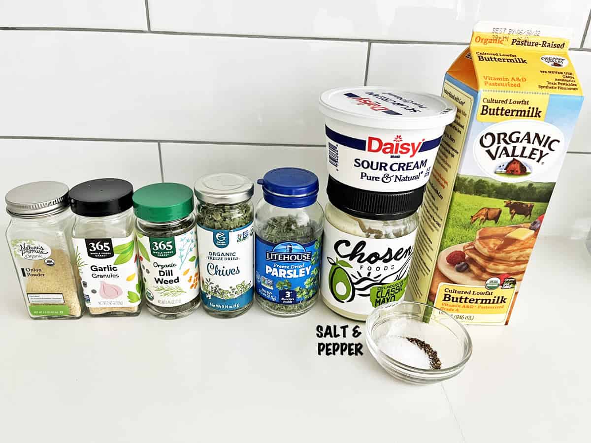 The ingredients needed to make homemade ranch dressing. 
