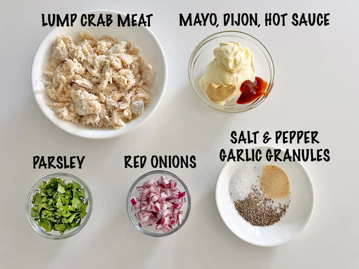 The ingredients needed to make a crab salad. 