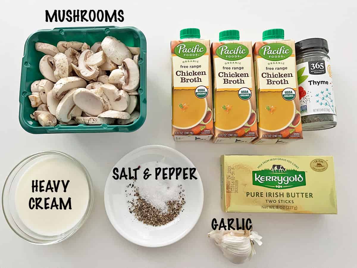 The ingredients needed to make a cream of mushroom soup. 