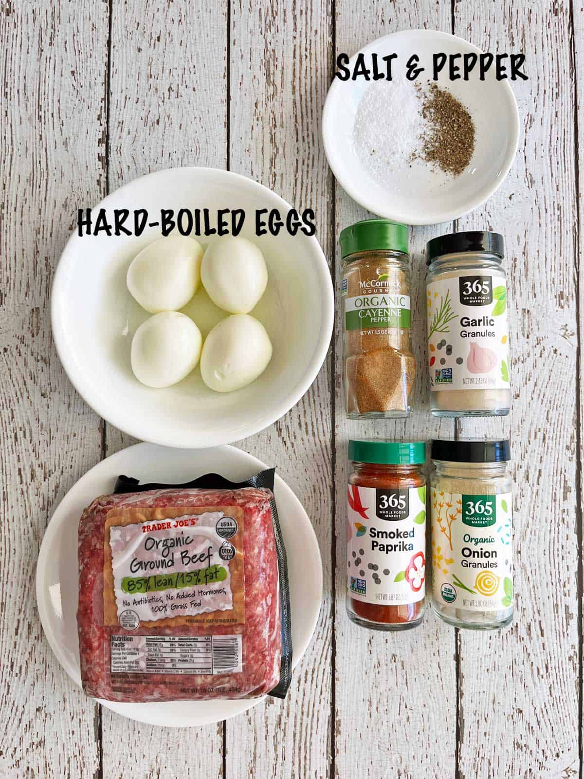 The ingredients needed to make Scotch eggs. 