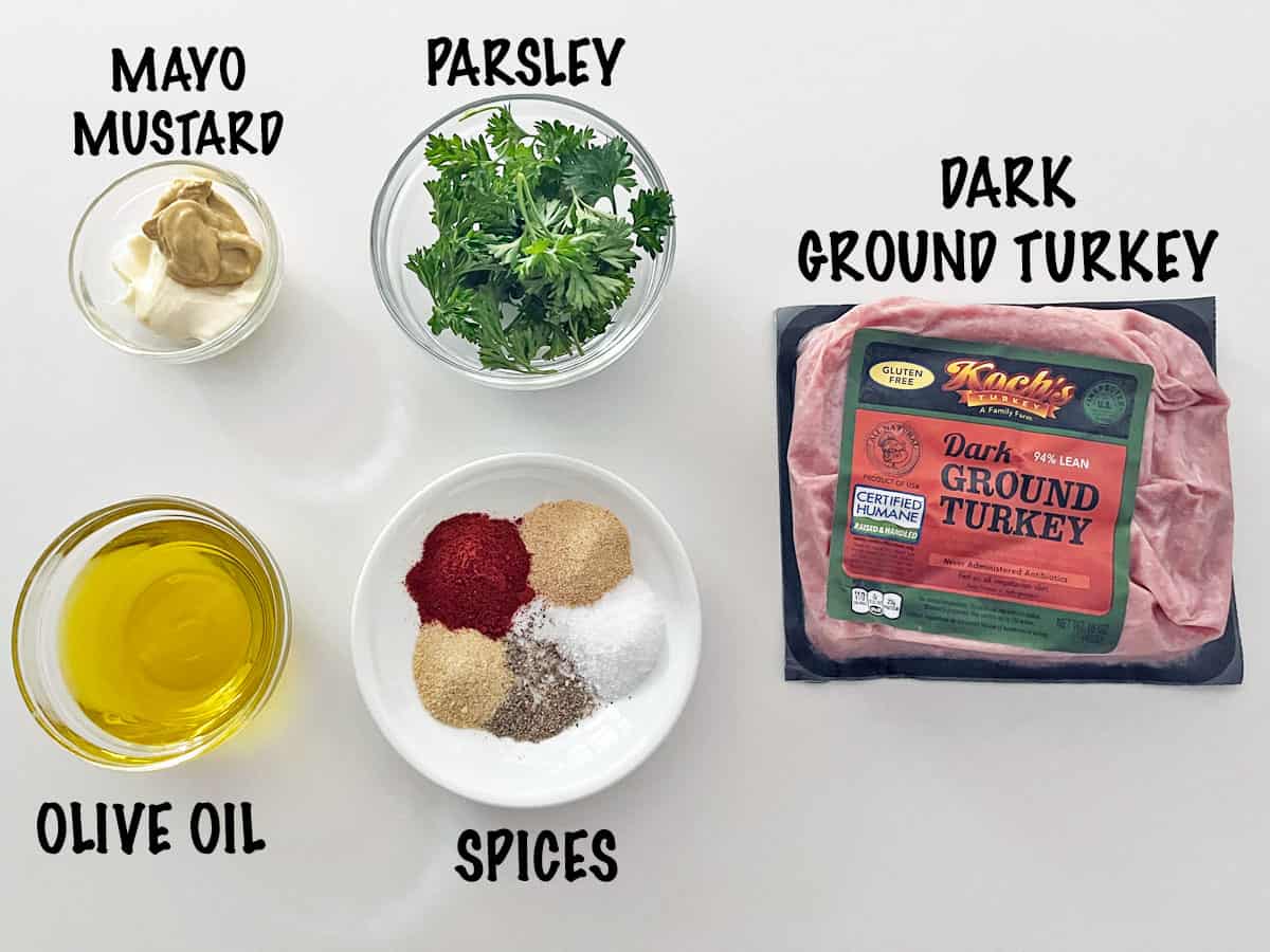 The ingredients needed to make turkey meatballs. 
