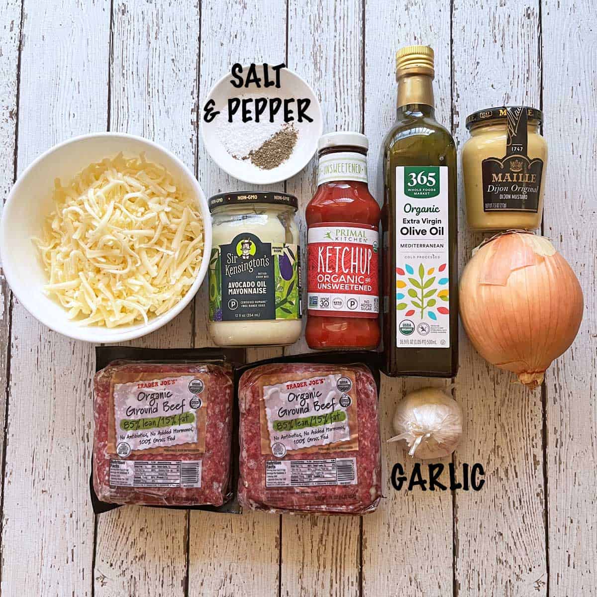 The ingredients needed to make a keto cheeseburger casserole. 