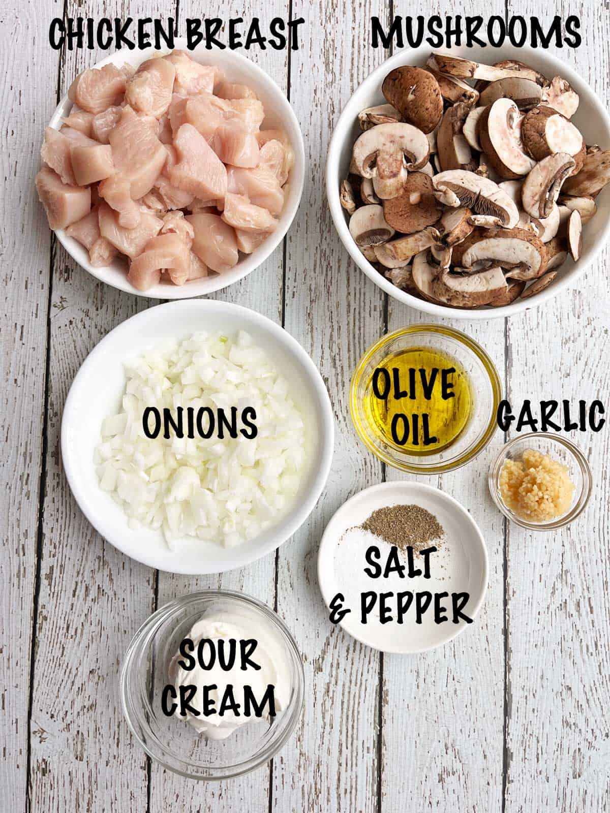 The ingredients needed to make chicken Stroganoff. 