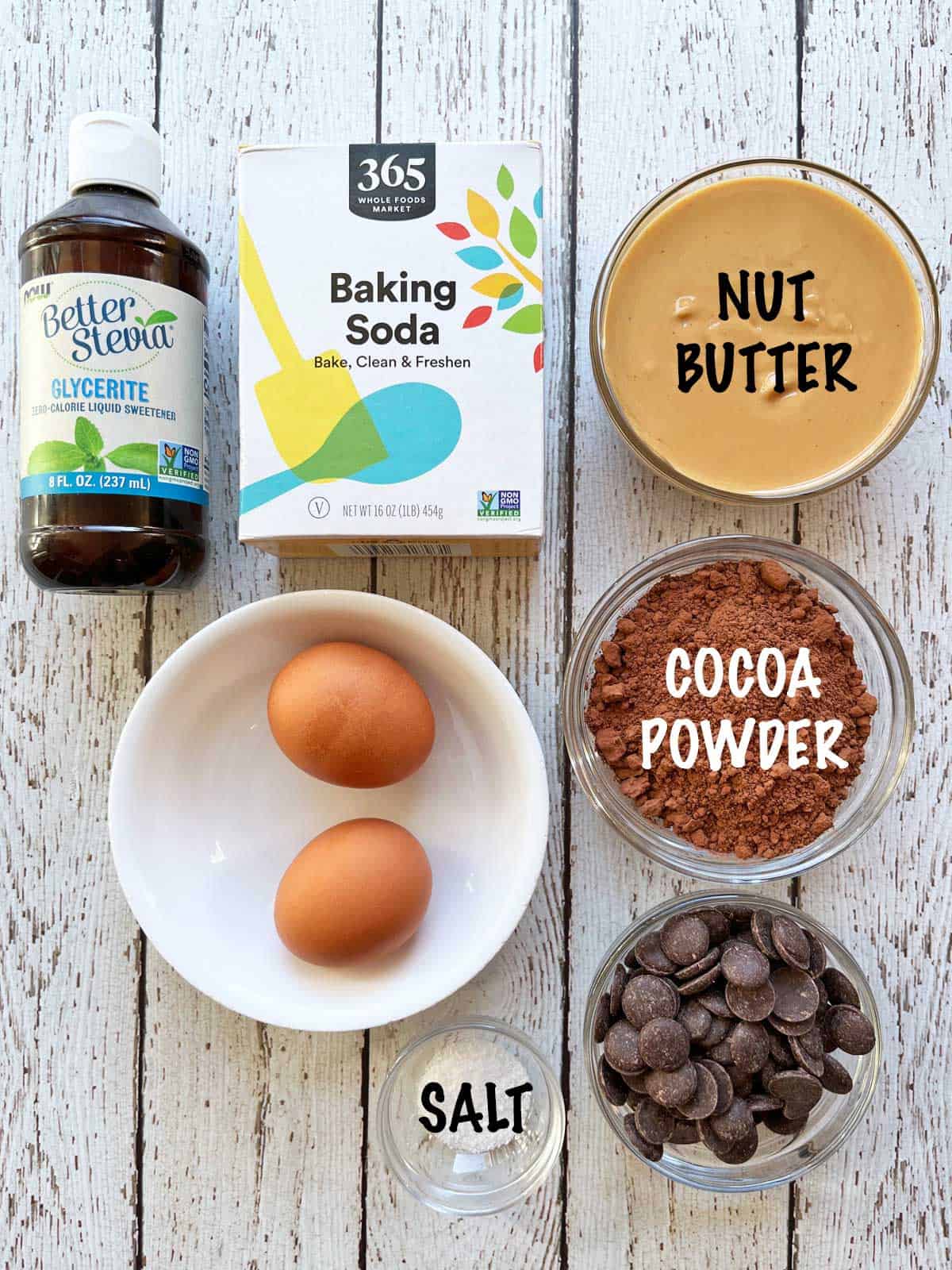 The ingredients needed to make keto chocolate cookies. 
