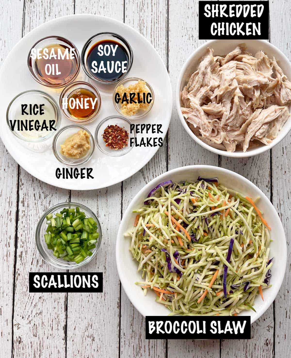 The ingredients needed to make a Chinese chicken salad. 