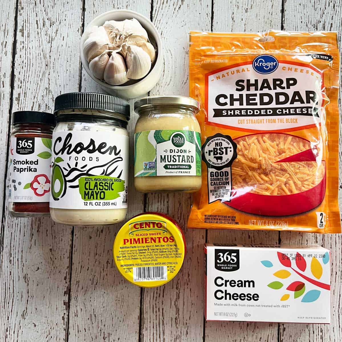 The ingredients needed to make pimento cheese. 