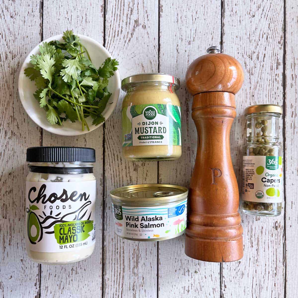 The ingredients needed to make a salmon salad. 