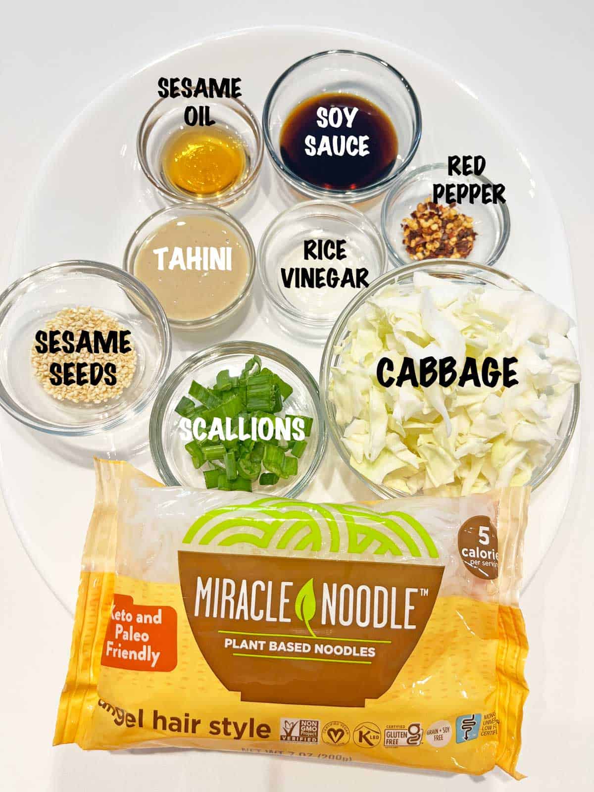 The ingredients needed to make shirataki sesame noodles. 