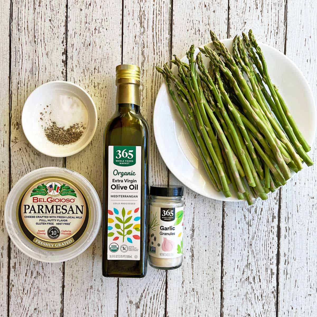 The ingredients needed to roast asparagus. 
