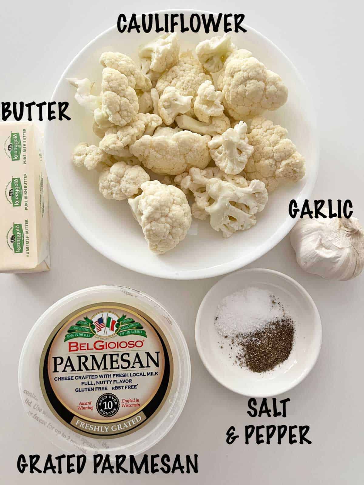 The ingredients needed to make mashed cauliflower. 