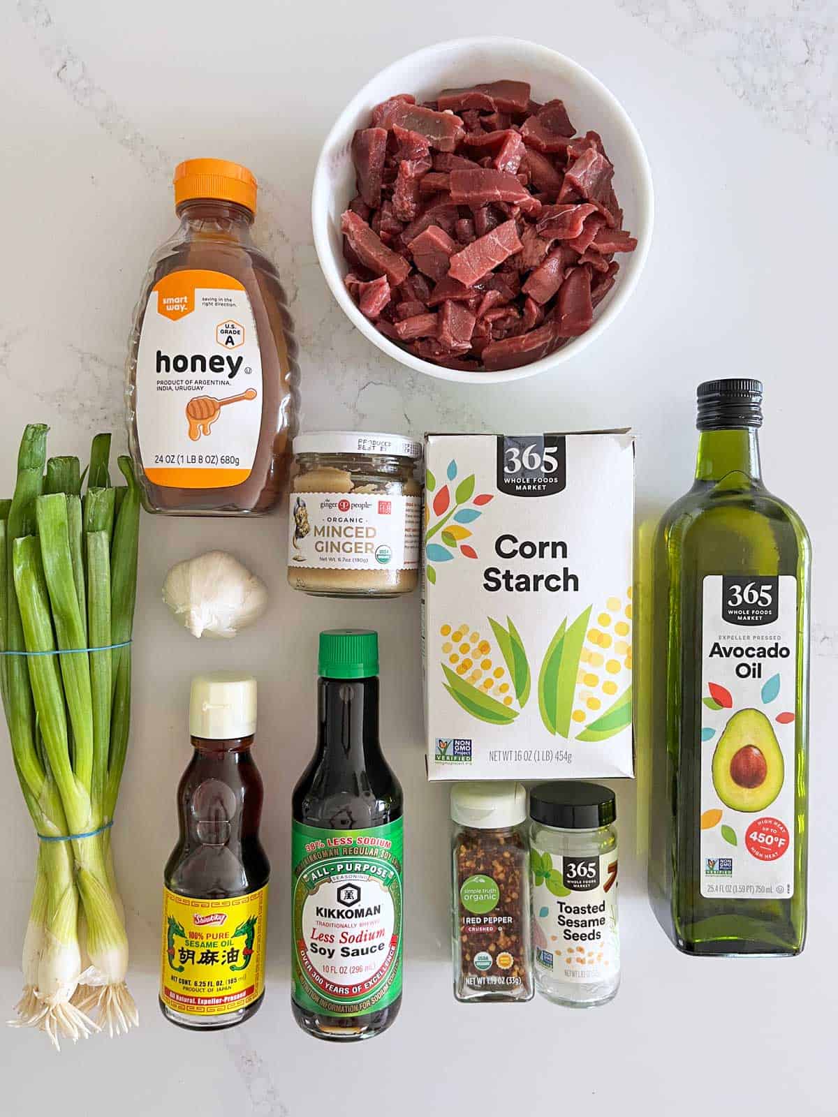 The ingredients needed to make Korean beef. 