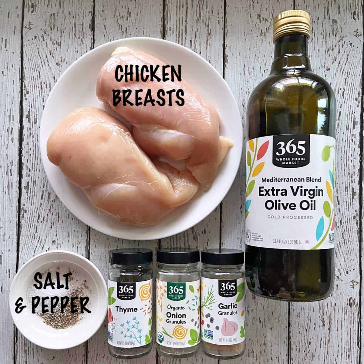 The ingredients needed to make oven chicken kabobs. 