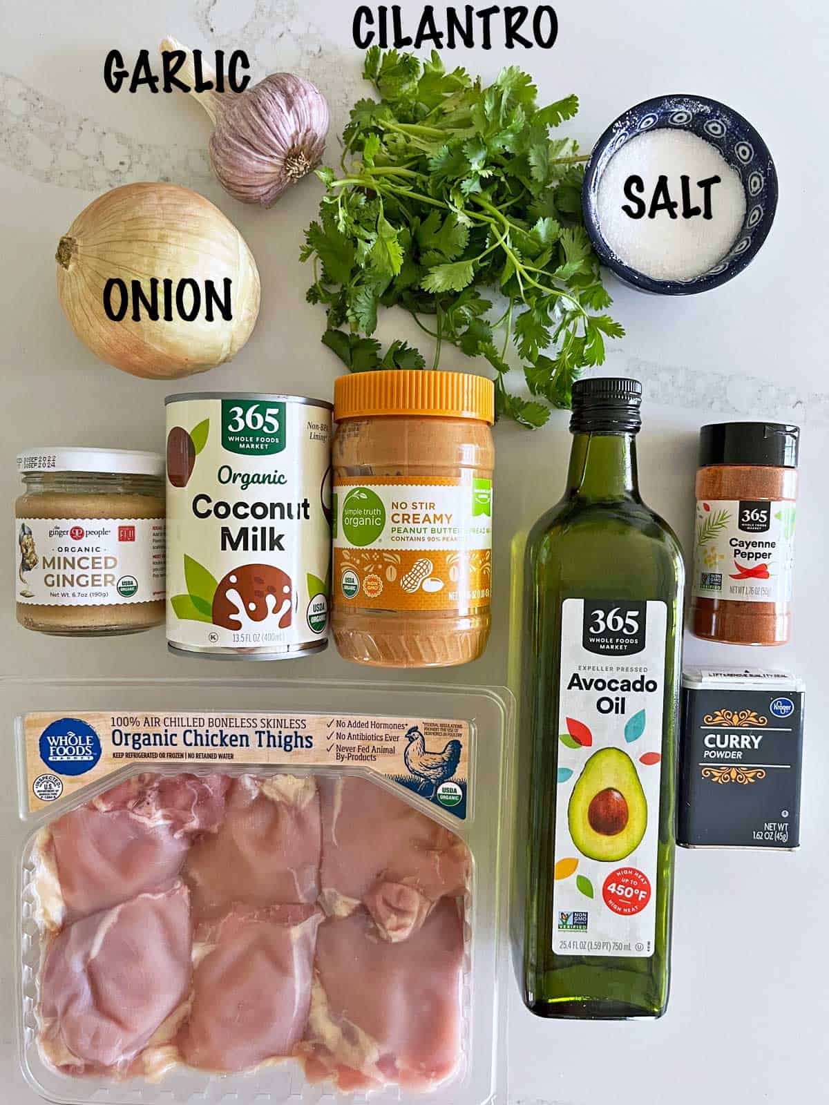 The ingredients needed to make a Thai chicken curry. 