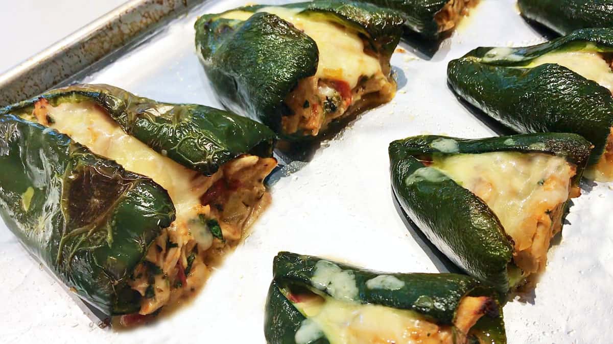 The poblano peppers are ready in the pan. 