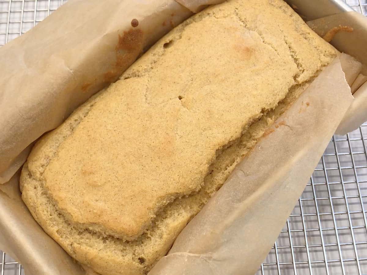 Almond flour bread is ready in the pan.
