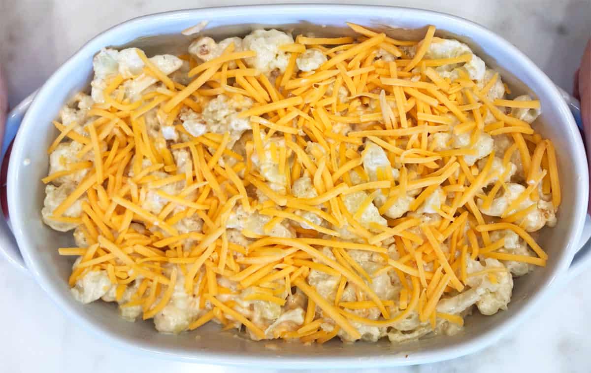 The casserole is in the baking dish and ready for the oven. 
