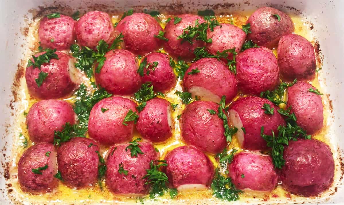 Roasted radishes garnished with parsley. 