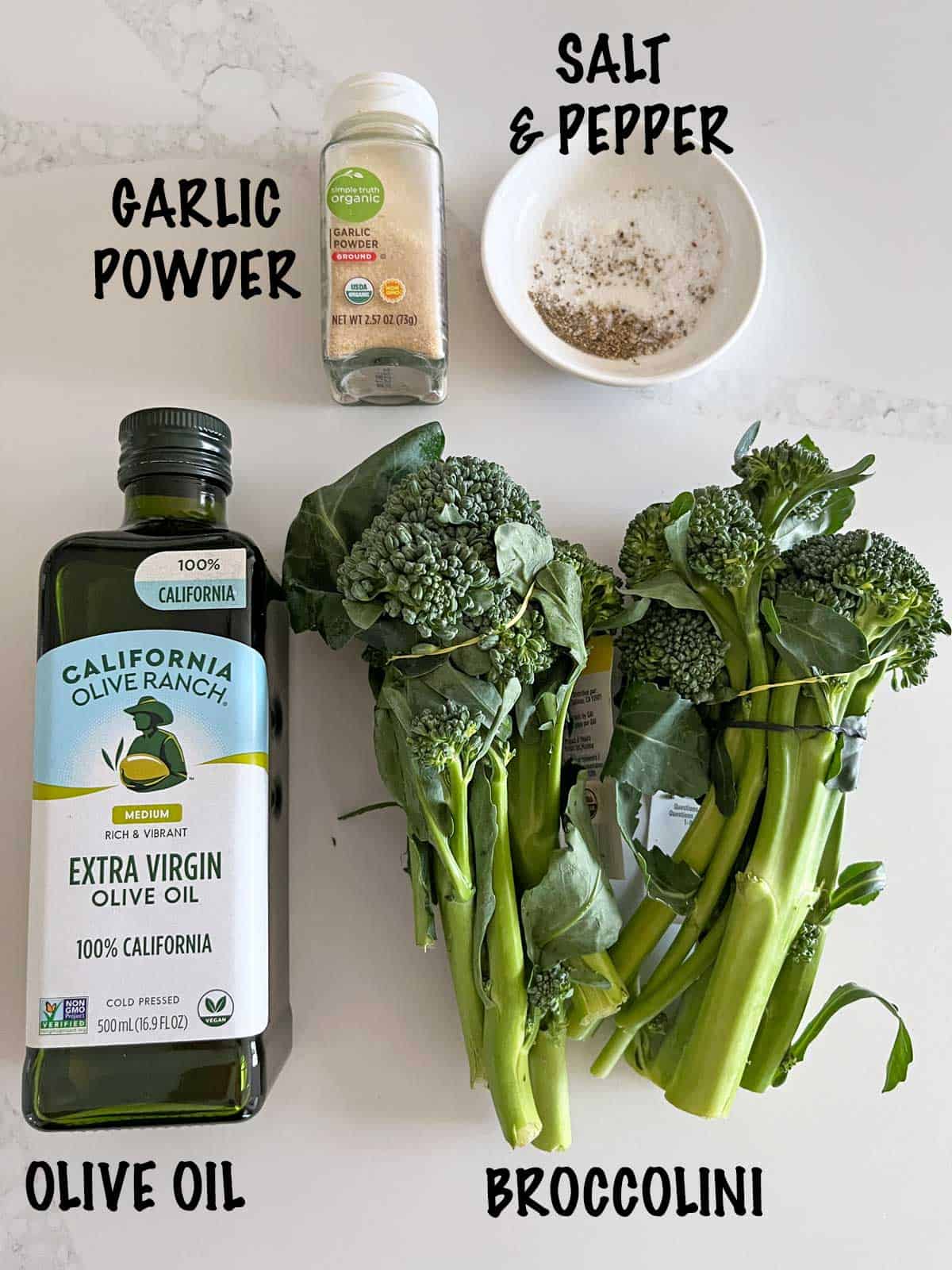 The ingredients needed to grill broccolini. 
