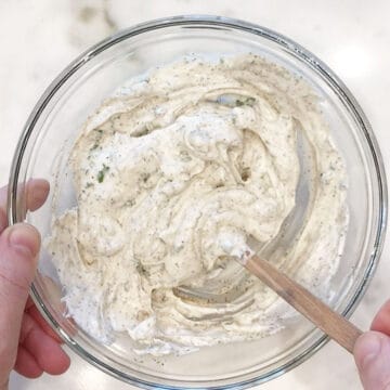 Mixing the dip ingredients in a bowl.