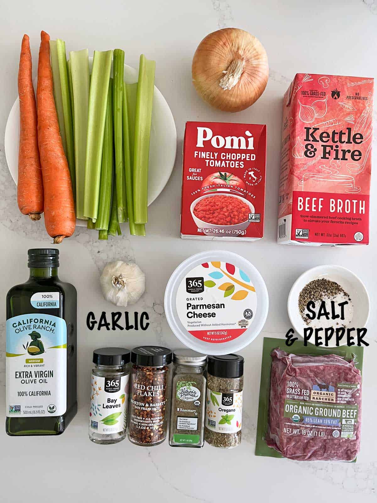 The ingredients needed to make a vegetable beef soup.
