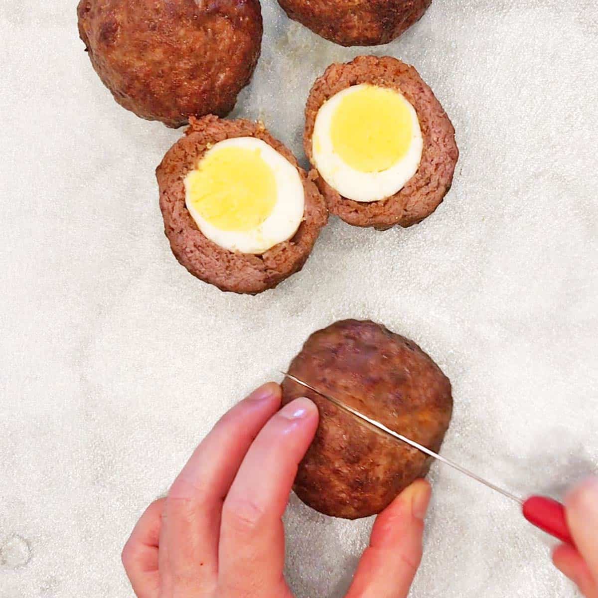 Cutting the eggs.