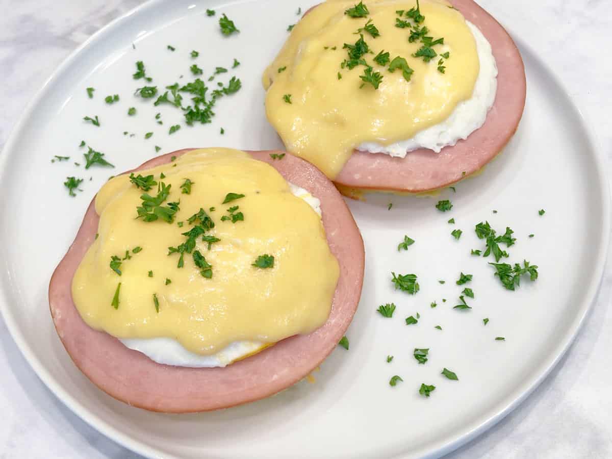 Keto egg benedicts are served on a plate.