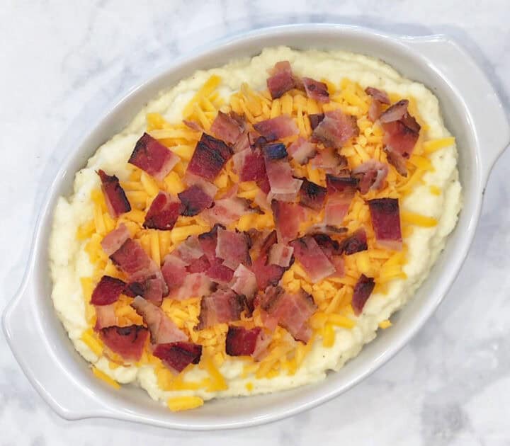 Loaded mashed cauliflower is ready for the oven.