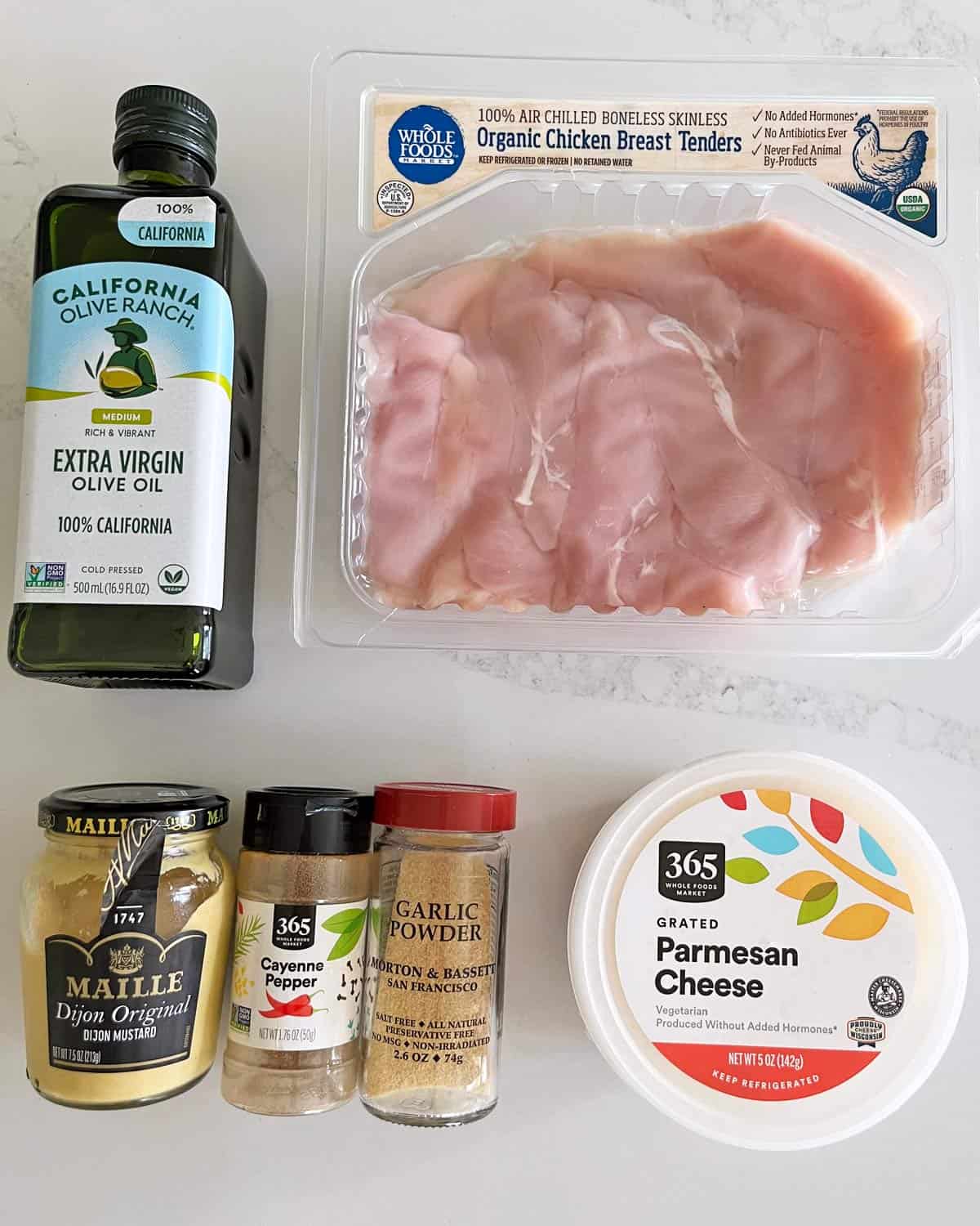 The ingredients needed to make keto parmesan chicken tenders.