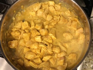 The curry is ready in the skillet.