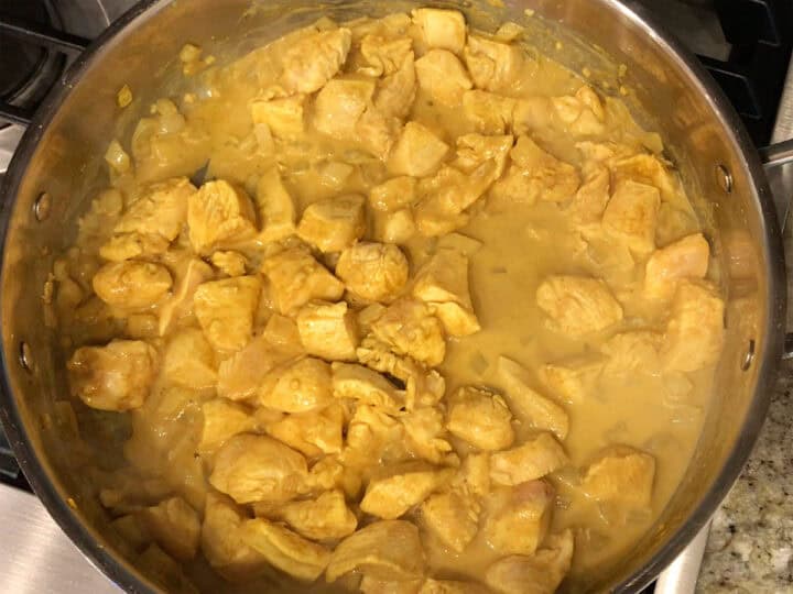 The curry is ready in the skillet.