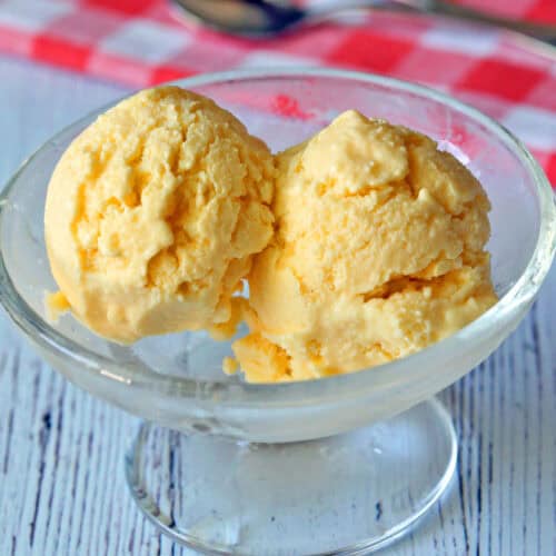 Mango frozen yogurt is served in a dessert cup.