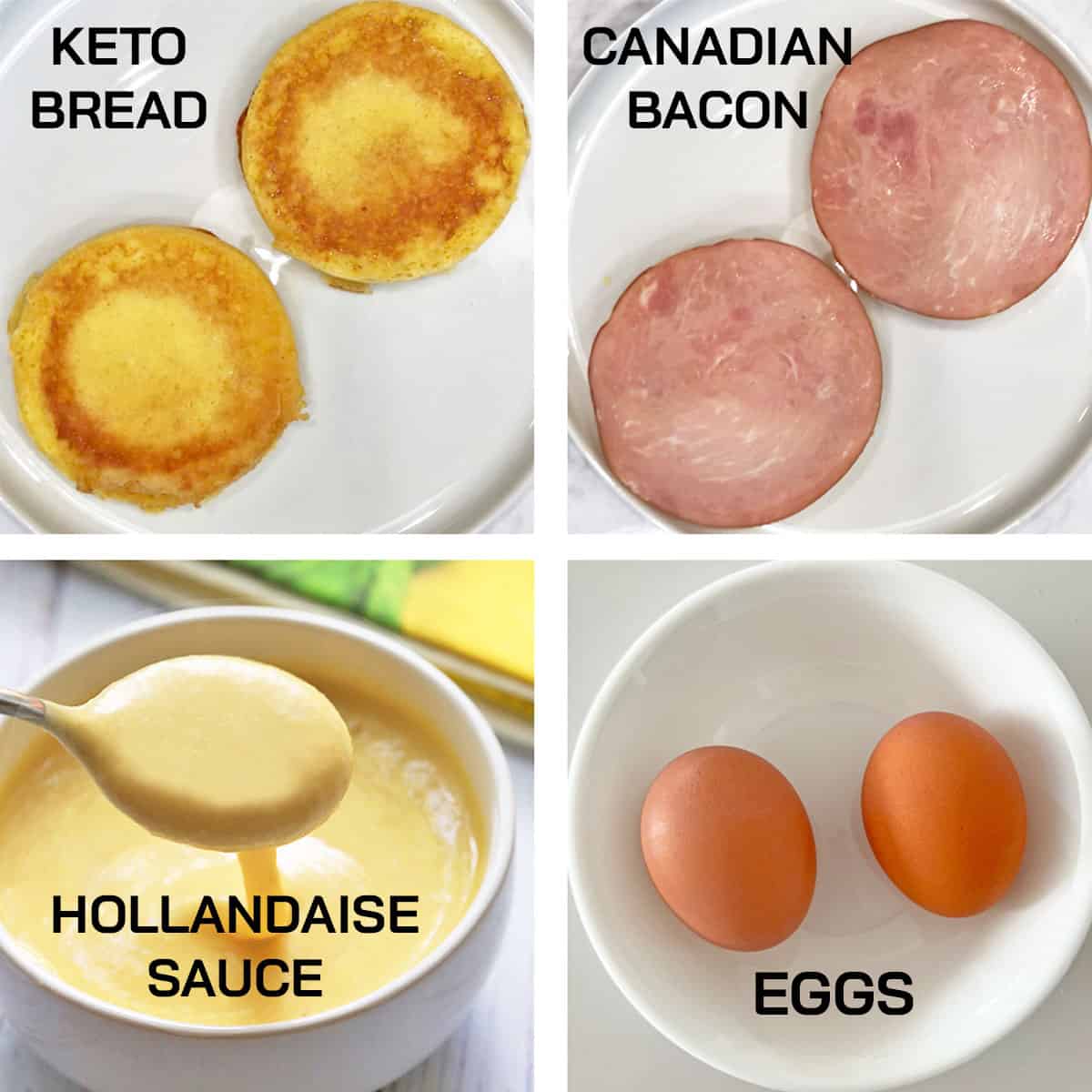 A four-photo collage of the ingredients needed to make keto Eggs Benedict.