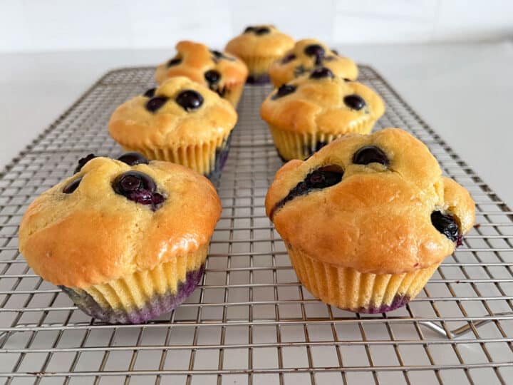 Blueberry muffins are cooling on a rack.